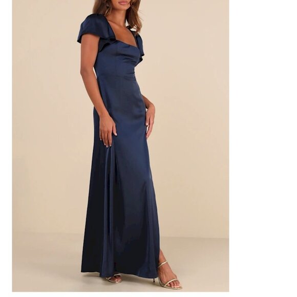 Lulus Ultimate Sweetness Navy Blue Satin Flutter Sleeve Maxi Dress Small… - Picture 2 of 5